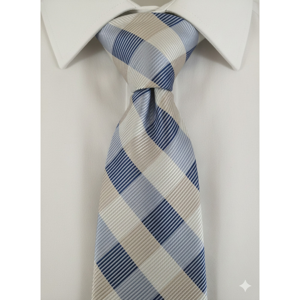 Silk Tie Rack creamy beige and blue plaid jacquard silk tie - 59.5"